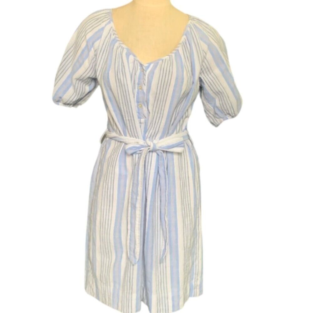 Free Assembly Cotton Striped Short Puff Sleeve Shirt Dress M Blue & White‎ #93L
